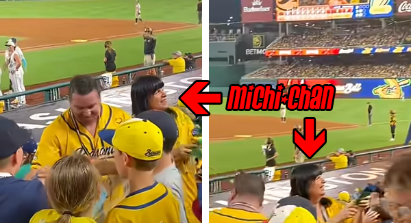 Michi-chan at Nationals Park getting ready to toss Split toys to Banana Ball fans.